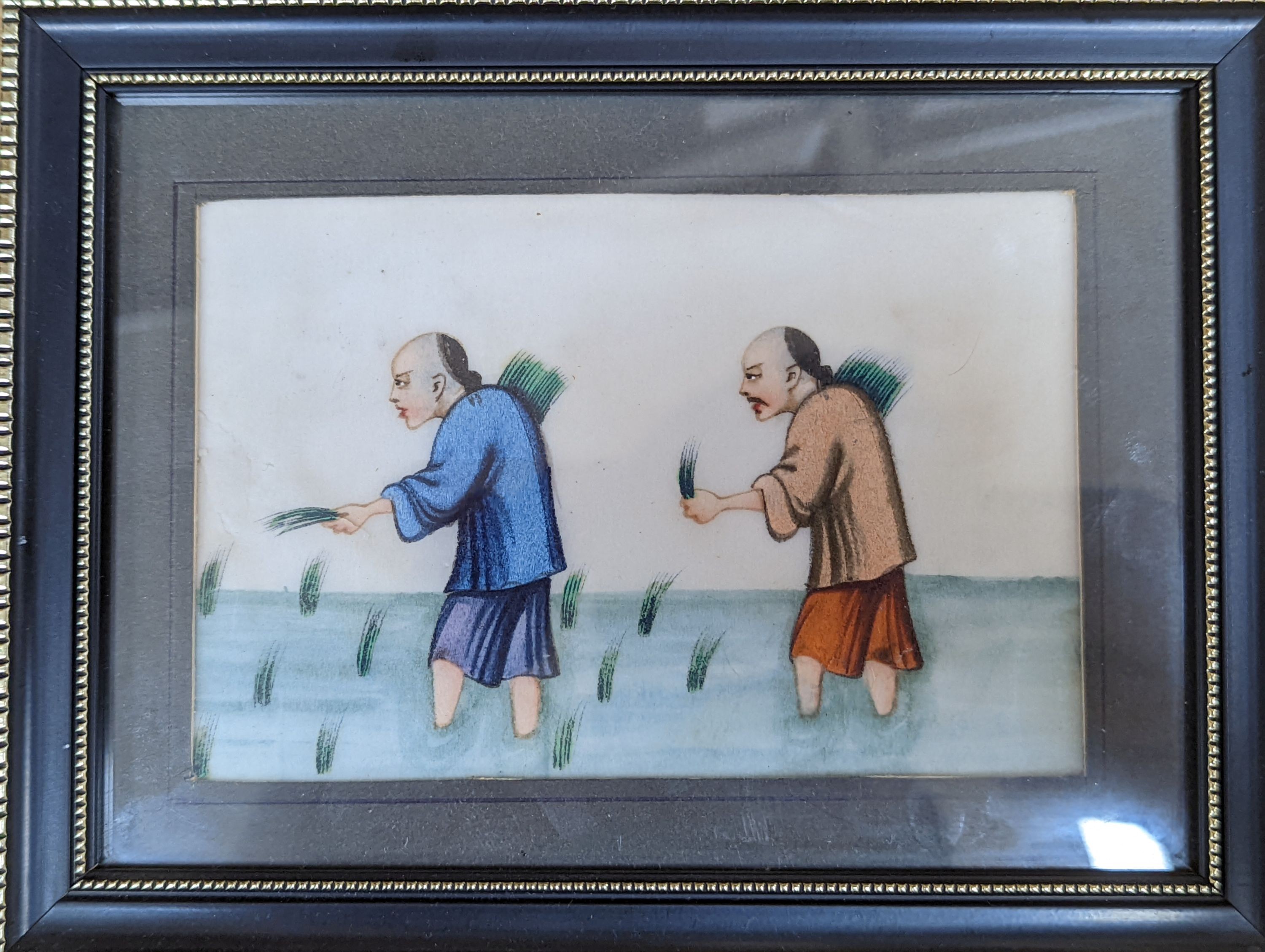 A group of ten assorted Chinese gouache on pith paper paintings, Studies of figures and junks, largest 15 x 10cm